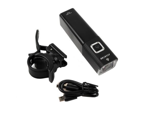 An AVENTON HEAD LIGHT V10-500 with an attached charger, perfect for USA e-bike enthusiasts.
