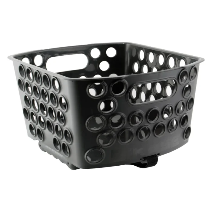 A black plastic DAIRYMAN Q/R REAR BASKET with holes, perfect for Ebikes and e-bikes accessories.