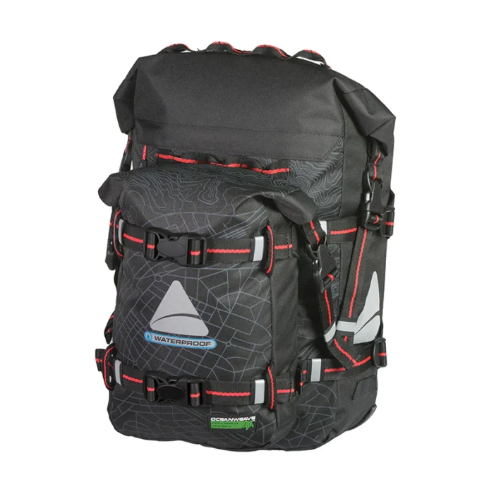 A black and red AXIOM MONSOON OCEANWEAVE P23+ PANNIER on a white background, perfect for USA travel or carrying accessories for Ebikes.