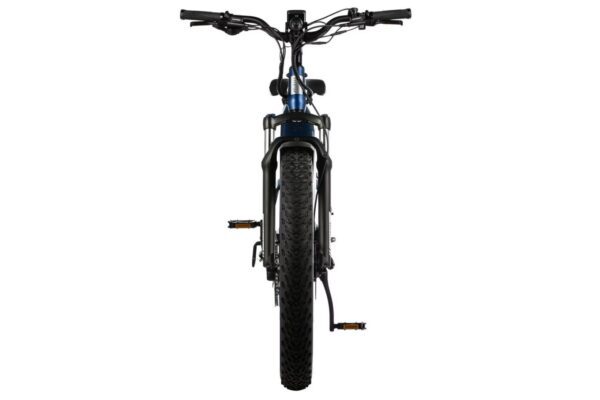 A blue and black AVENTURE.2 Step Through Ebike on a white background, perfect for USA riders looking for Ebikes and e-bikes accessories.