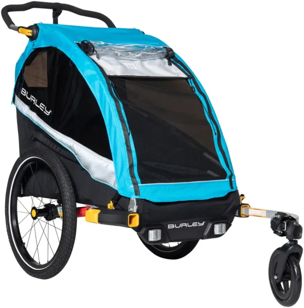 A blue BURLEY D'LITE X CHILD TRAILER - SINGLE with a black handlebar, suitable for Ebikes and e-bikes accessories.