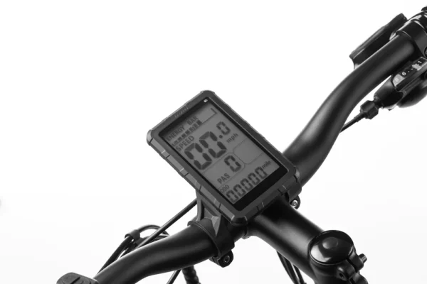 A close up of the handlebar of an e-bike with an Aventon display cover.