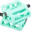 A pair of green ebike pedals on a white background.