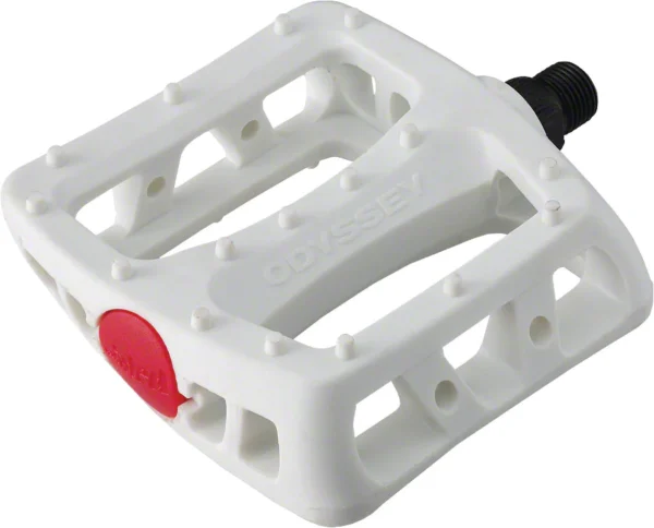 A white bicycle pedal with red accents, perfect for e-bikes and accessories.