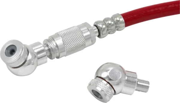 A stainless steel PRESTACYCLE ANGLE MINI PRESTA HEAD hose and a red PRESTACYCLE ANGLE MINI PRESTA HEAD hose, perfect for USA residents in need of quality accessories for their Ebikes and e-bikes. These versatile hoses are also ideal for Babyboomerb.