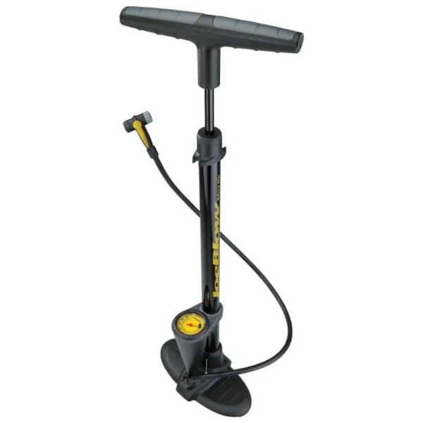 A black and yellow TOPEAK JOE BLOW MAX HP FLOOR PUMP with a yellow handle, perfect for Ebikes and e-bikes accessories.