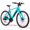 A turquoise Aventon Soltera 2.5 Ebike with a straight handlebar, thin tires, and disc brakes is photographed on a white background.