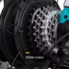 Close-up of the Soltera 2.5 Ebike's Shimano rear hub with a 350W motor, displaying the gear cassette, disc brake rotor, and a Tourney-labeled derailleur.