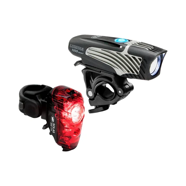 Two NITERIDER LUMINA 1200 BOOST HEADLIGHT AND SOLAS 250 TAILLIGHT COMBO on a white background, perfect for ebikes and e-bikes accessories.