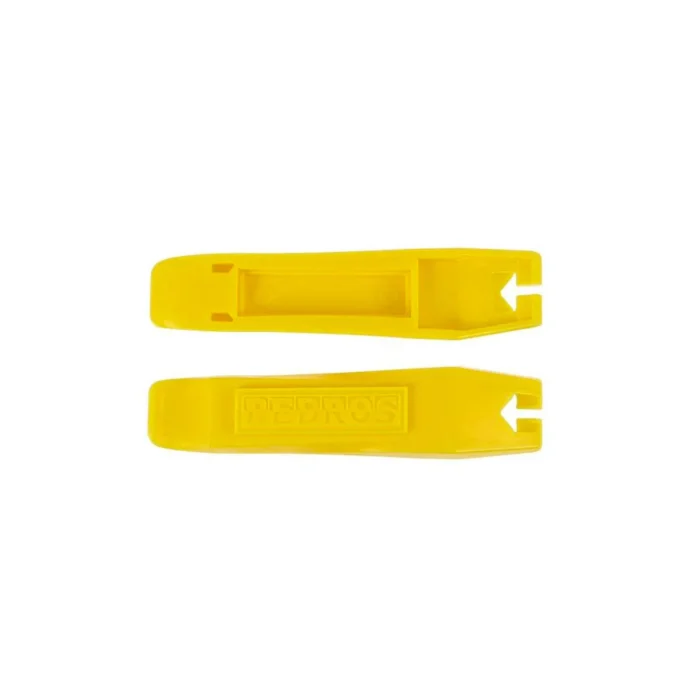 A pair of Pedro's tire lever pair, yellow plastic clips on a white background for babyboomerbikes accessories in WA, USA.