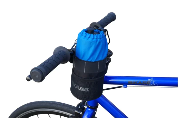 A blue bicycle with a BIKASE HAPPY CAN HANDLEBAR DRINK HOLDER on the handlebar, suitable for Ebikes and e-bikes accessories enthusiasts in WA, USA.