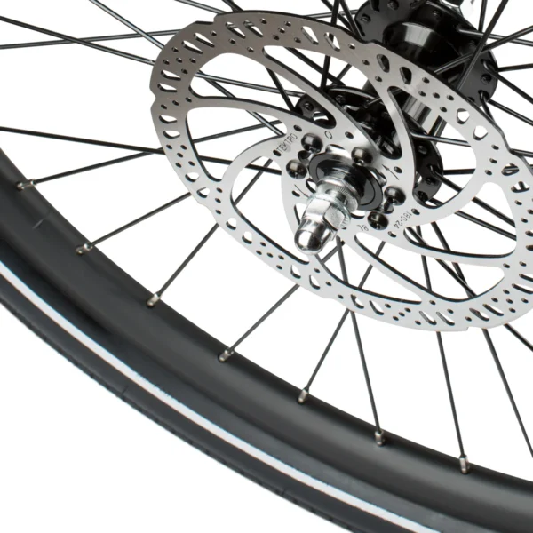A close up of an AVENTON COMPLETE REAR WHEEL with a disc brake, showcasing accessories for e-bikes and baby boomer bikes.