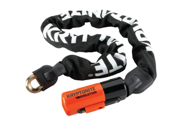 A black and orange Kryptonite Evolution 1090 Integrated Chain Lock with an orange handle, perfect for Ebikes.