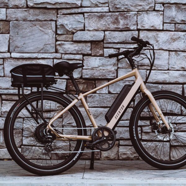 An AVENTON REAR RACK - PACE 350 / PACE 500 parked against a stone wall, featuring ebikes accessories.
