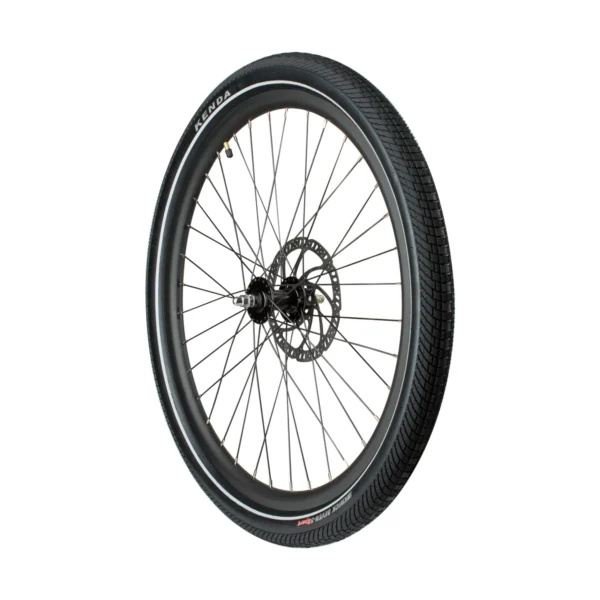 A black Aventon Complete Rear Wheel on a white background featuring e-bikes and accessories.