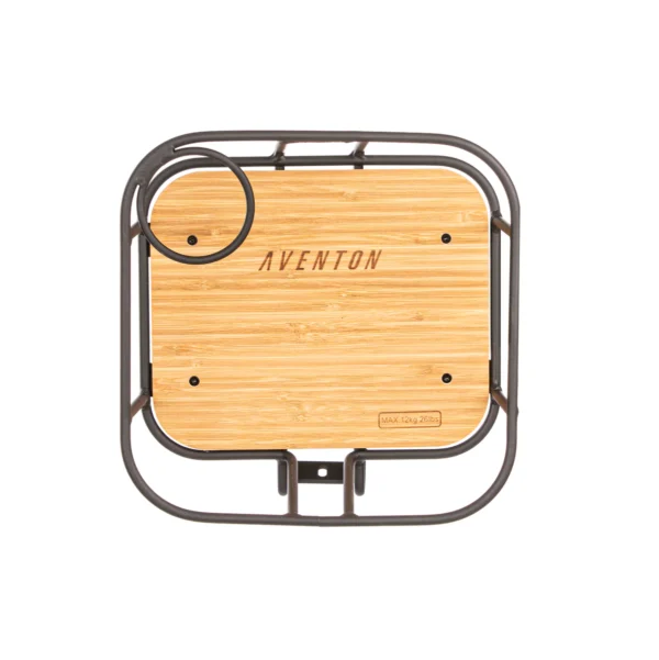 A wooden tray with the word "Aventon Front Rack" on it, perfect for displaying your Babyboomerbikes accessories.