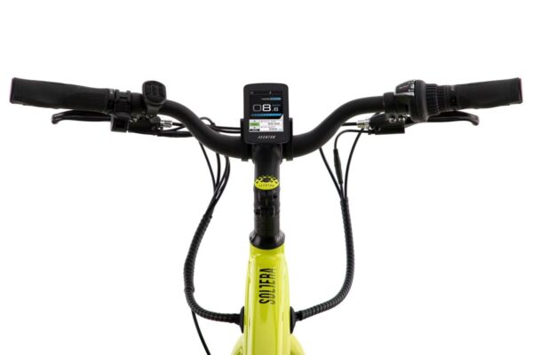 The handlebar of a Soltera.2 e-bike with a phone attached to it, specifically designed for USA customers.