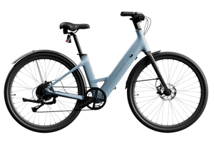 A sleek, modern blue electric bike with a step-through frame, black tires, and a dark saddle.