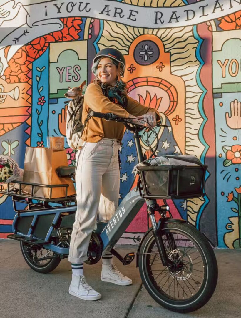 A woman is standing next to a bicycle with groceries on it. The bicycle she's standing next to is an e-bike, specifically designed for baby boomers. This scene takes place in