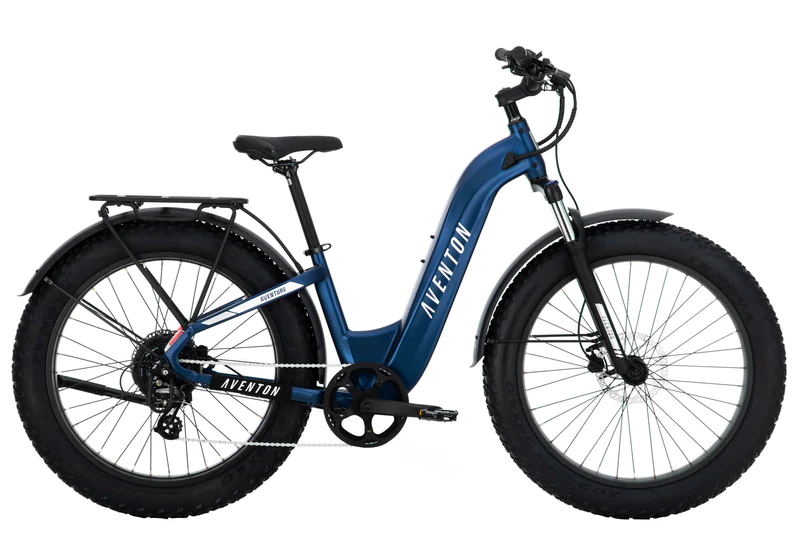 A blue and black fat e-bike is shown against a white background.