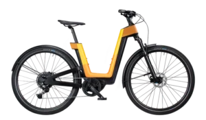 A modern electric bike with a step-through frame, bright orange and black color scheme, and front suspension.