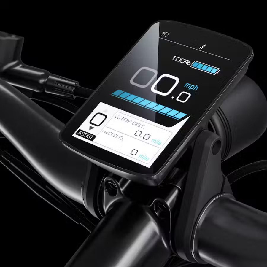 The handlebar of an e-bike has a smart phone attached to it.