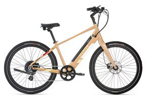 A tan electric bike on a white background, perfect for USA riders.