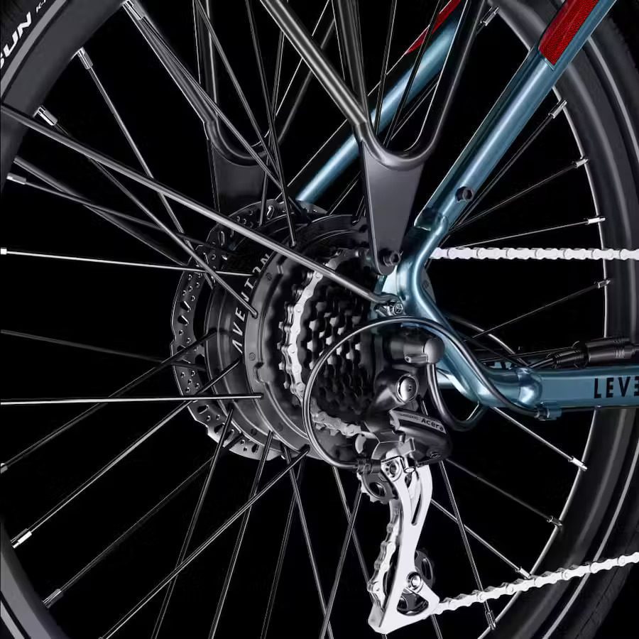 A close up of an e-bike's rear wheel.