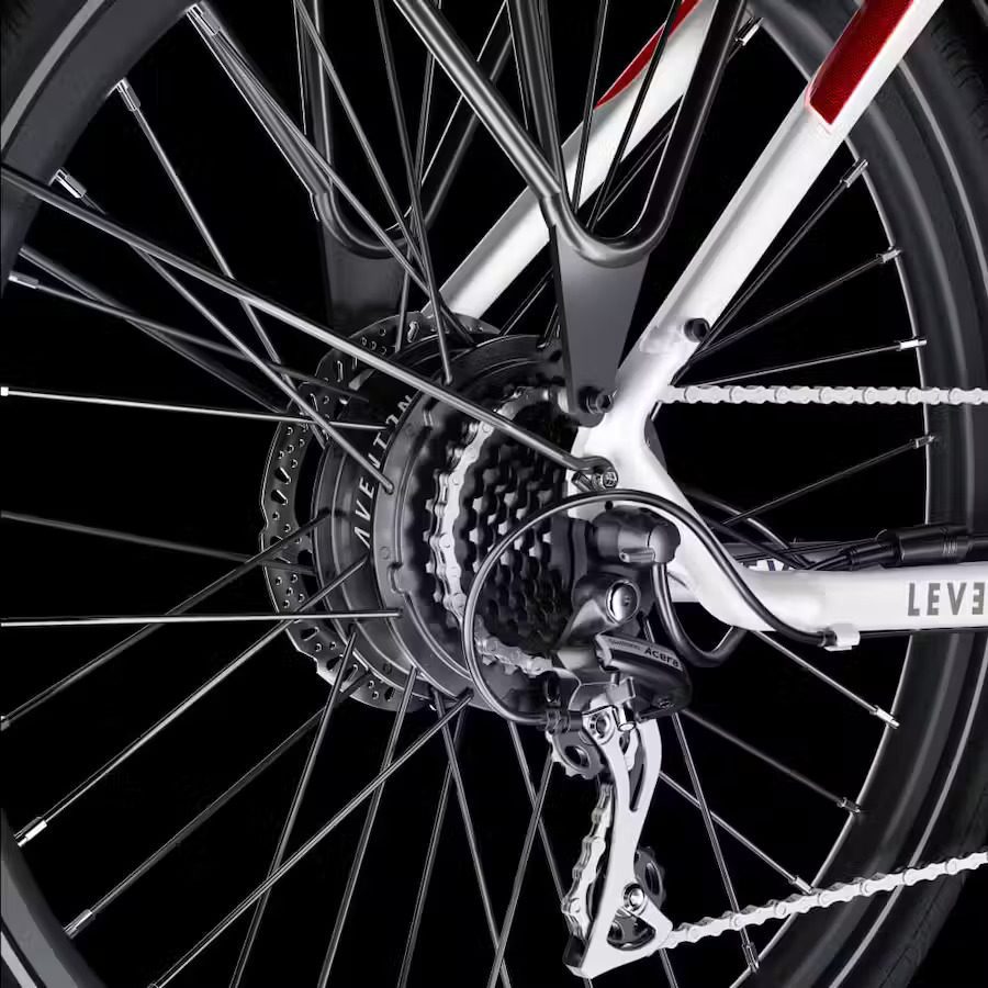 A close up of the front wheel of an ebike.