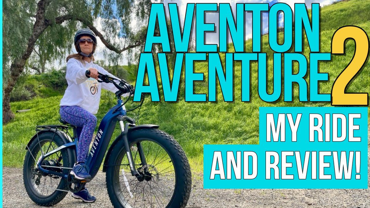 A woman on an adventure bike with the words "aventon adventure 2" - my ride and review.