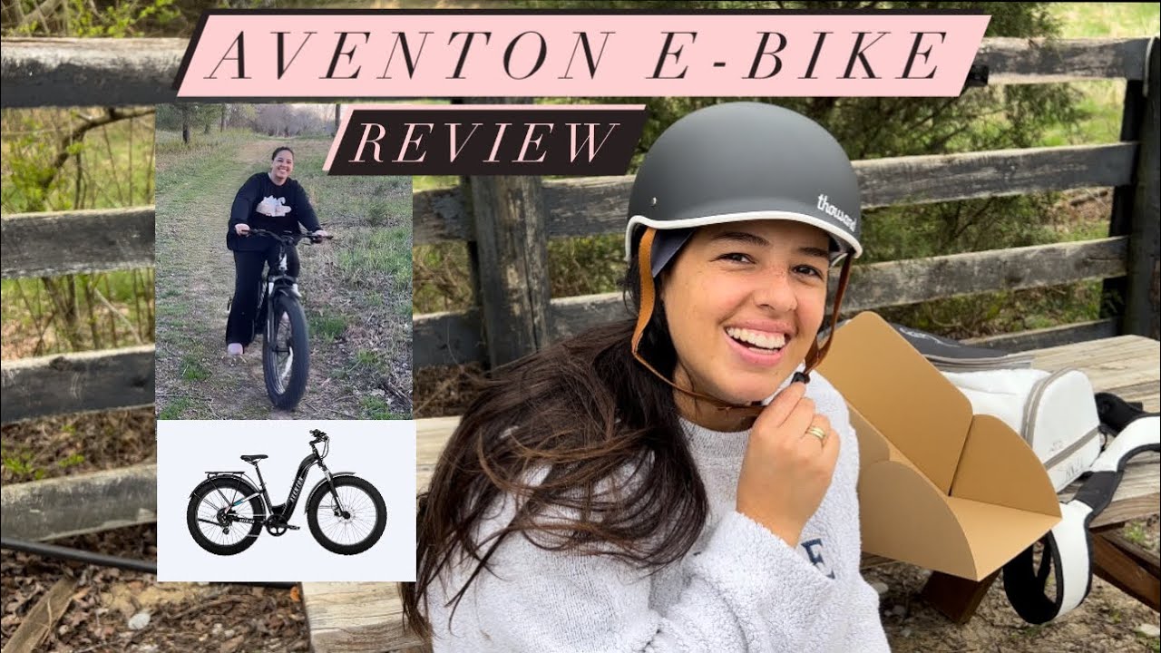 A woman from the USA wearing a helmet with the words "aventon e bike" while providing a review on ebikes.