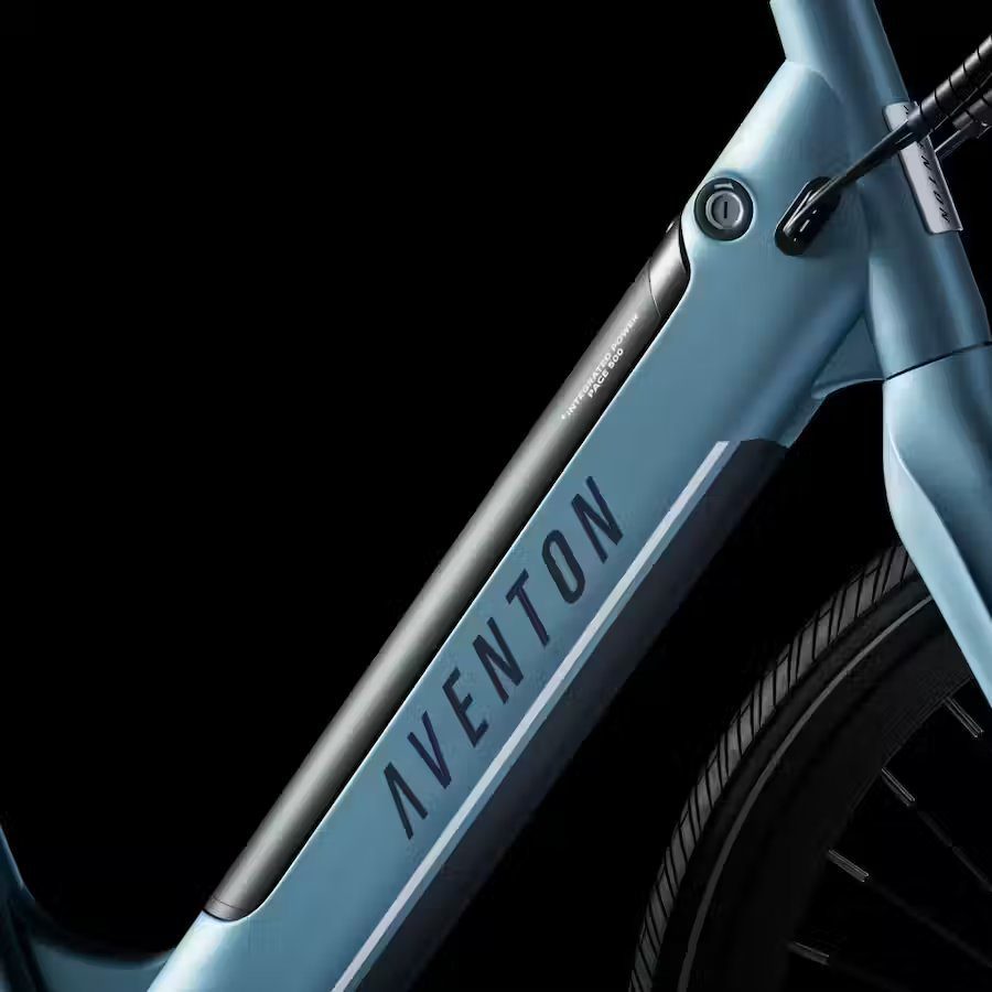 A blue ebike with the word aventon on it.