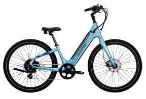 A blue electric bike on a white background in the USA.