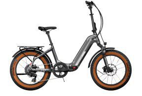 The electric bike, along with e-bike accessories, is showcased against a white background.