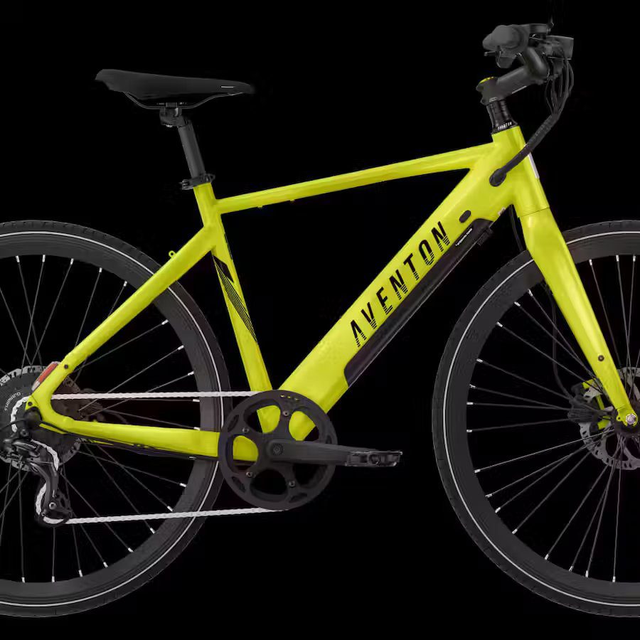 A yellow electric bike is shown against a black background.