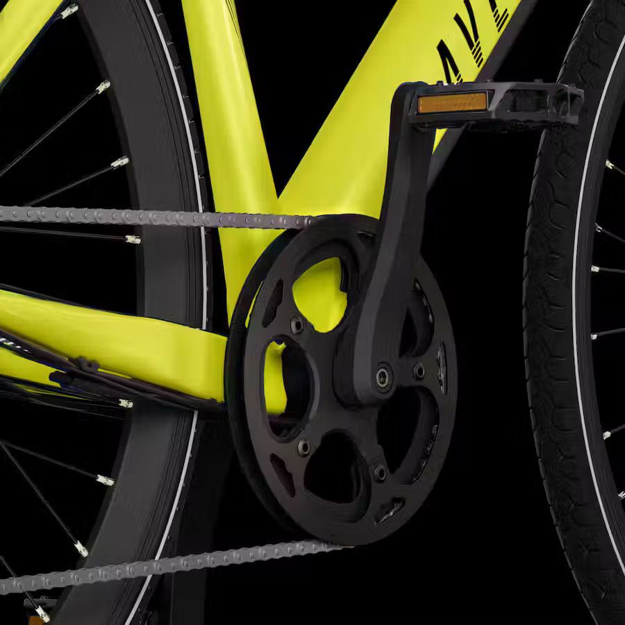 A yellow bicycle with a black chain and gears available at USA's Babyboomerbikes.