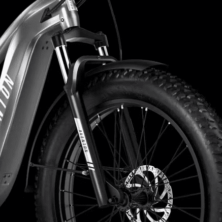 An electric bike is showcased against a black background.