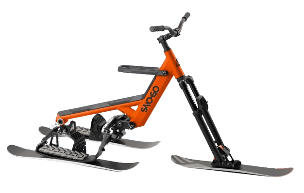 An orange SHIFT e-bike with black skis.