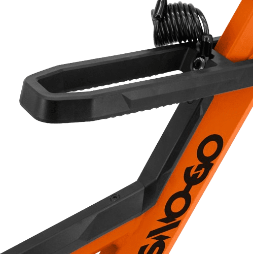 The handlebar of an orange SHIFTED with black handlebars.