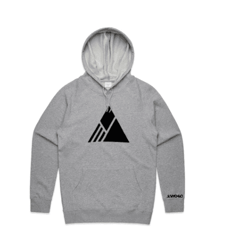 A grey hoodie with a black triangle on it, perfect for EBikes enthusiasts in WA, USA.