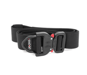 A black belt with a red buckle that can be used for ebikes and e-bikes accessories.