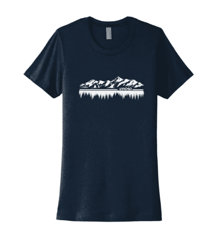 A WOMEN'S MOUNTAIN RIDER T-SHIRT featuring mountains in the background.