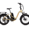 A cream-colored electric bicycle with a black seat and handlebar, featuring a rear cargo rack, suspension fork, and large, rugged tires.