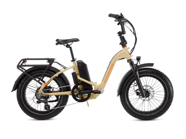 A cream-colored electric bicycle with a black seat and handlebar, featuring a rear cargo rack, suspension fork, and large, rugged tires.