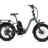 An electric bike with a gray frame, thick tires, a black seat, and a rear rack is shown against a white background.