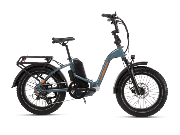 An electric bike with a gray frame, thick tires, a black seat, and a rear rack is shown against a white background.