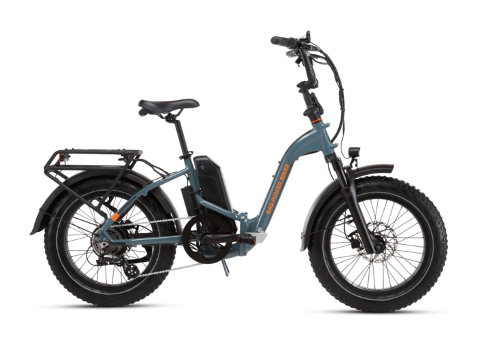 An electric bike with a gray frame, thick tires, a black seat, and a rear rack is shown against a white background.