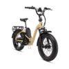 An electric bike with a light-colored frame, black tires, thick treads, and a rear rack is shown against a white background.