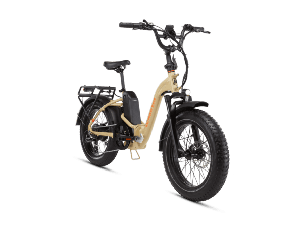 An electric bike with a light-colored frame, black tires, thick treads, and a rear rack is shown against a white background.