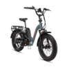 A blue electric bike with thick black tires, front suspension, and a rear cargo rack. The battery is mounted on the frame.